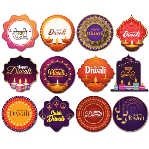 Festiko® Set of 48 Pcs Happy Diwali Greeting Stickers (12 Designs), Happy Diwali Stickers For Packing, Diwali Stickers For Gifts, Diwali Wishing Stickers - Image 1
