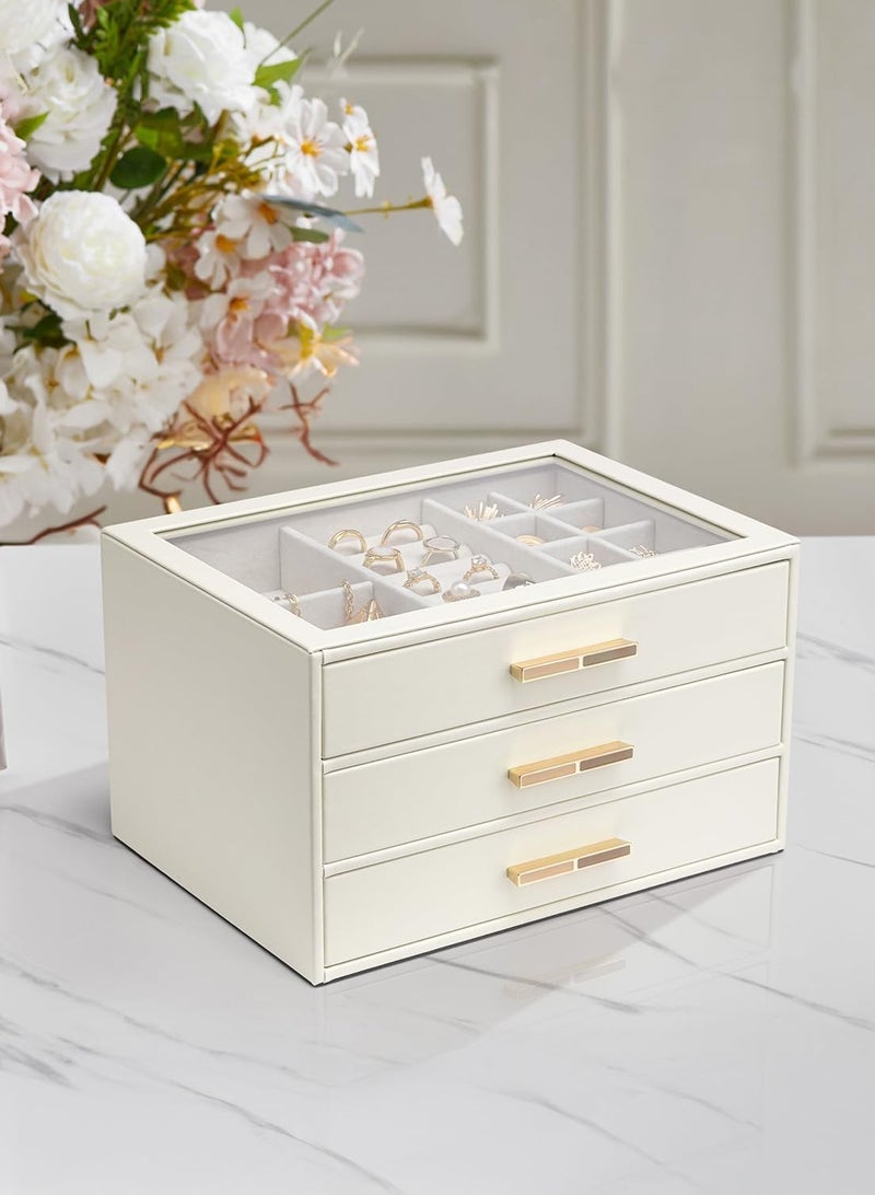 LOOPITYS Jewelry Box for Women/girl, Glass Lid Jewelry Organizer box,Transparent skylight accessory storage box with 3 Drawers for Necklaces Rings Earrings Bracelets Mother Day Gift for Mom - Cloud White - Image 2