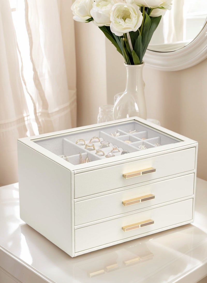 LOOPITYS Jewelry Box for Women/girl, Glass Lid Jewelry Organizer box,Transparent skylight accessory storage box with 3 Drawers for Necklaces Rings Earrings Bracelets Mother Day Gift for Mom - Cloud White - Image 1