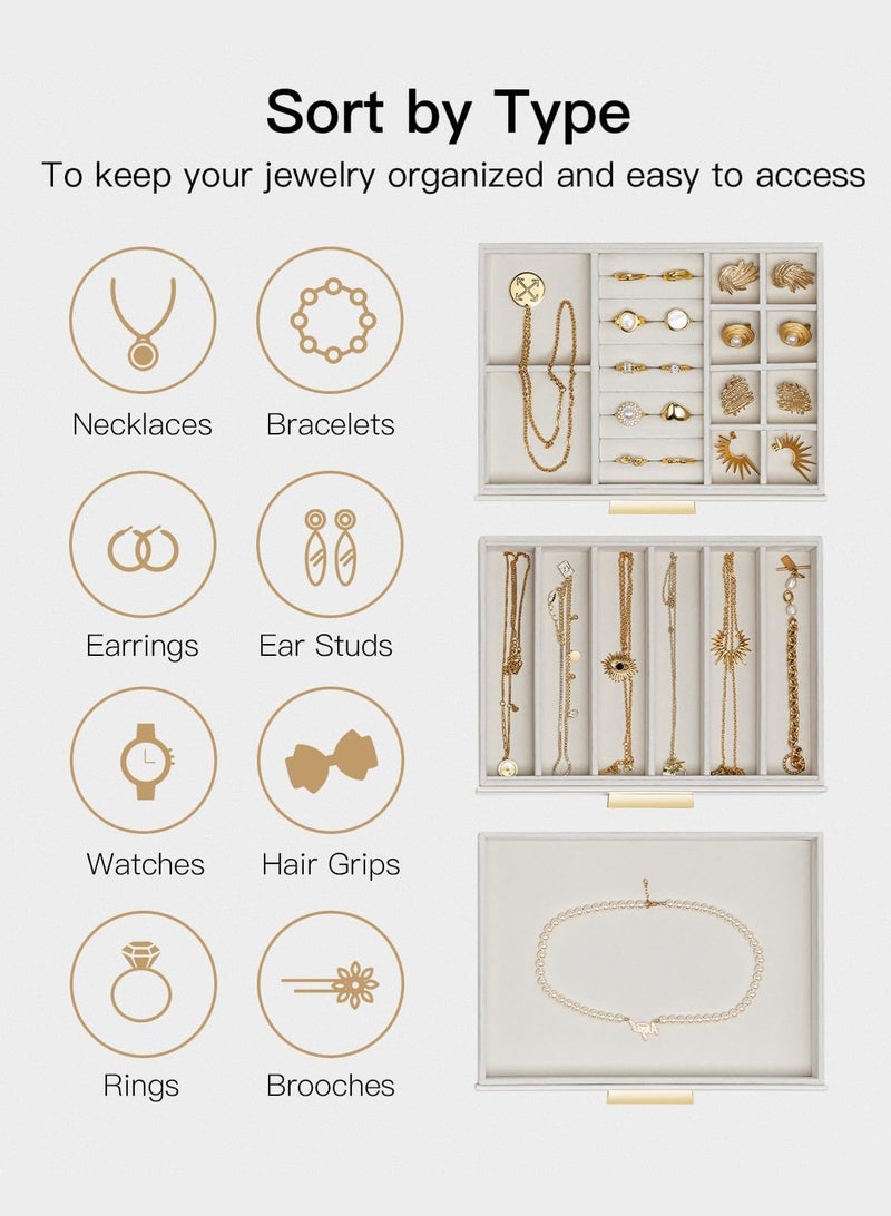 LOOPITYS Jewelry Box for Women/girl, Glass Lid Jewelry Organizer box,Transparent skylight accessory storage box with 3 Drawers for Necklaces Rings Earrings Bracelets Mother Day Gift for Mom - Cloud White - Image 4