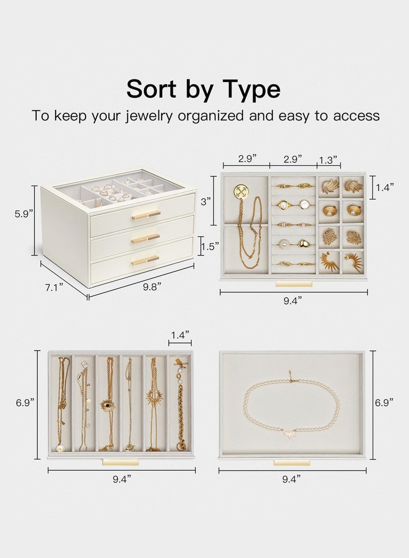 LOOPITYS Jewelry Box for Women/girl, Glass Lid Jewelry Organizer box,Transparent skylight accessory storage box with 3 Drawers for Necklaces Rings Earrings Bracelets Mother Day Gift for Mom - Cloud White - Image 3