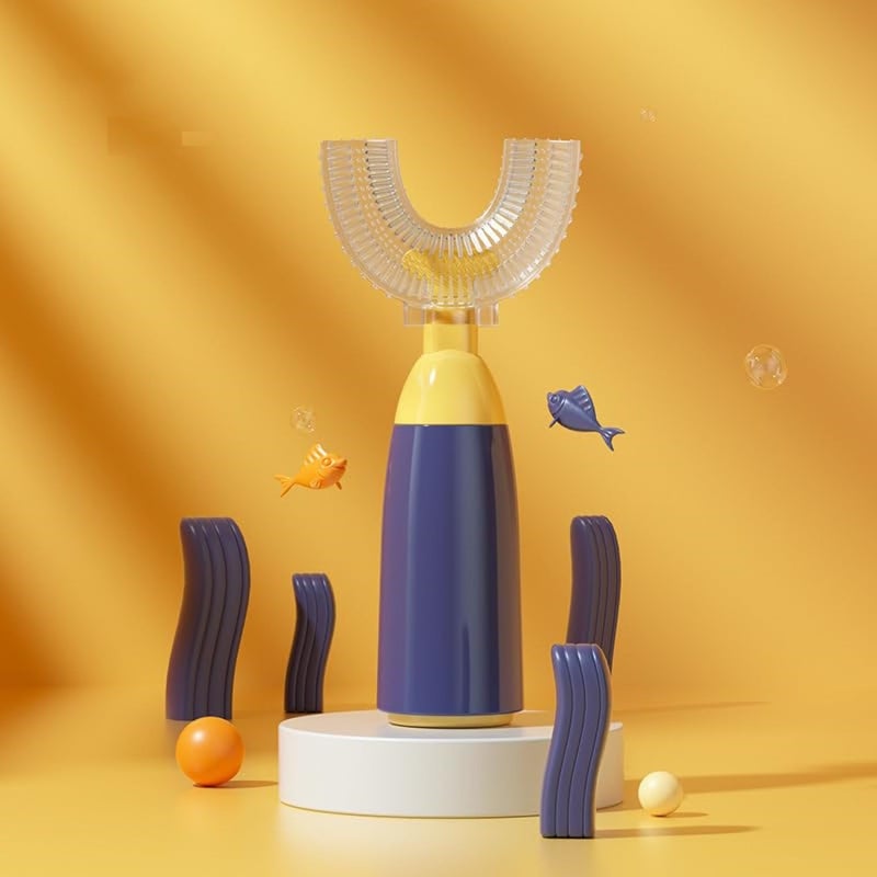 UPKARANWALE فرشاة أسنان يدوية على شكل U للأطفال من أبكارانوال، مع رأس فرشاة سيليكون ناعم بدرجة غذائية 1 قطعة، تنظيف الفم والأسنان بزاوية 360° بمقبض كرتوني على شكل دلفين للأطفال من 1-12 سنة (متعدد الألوان) - Image 1