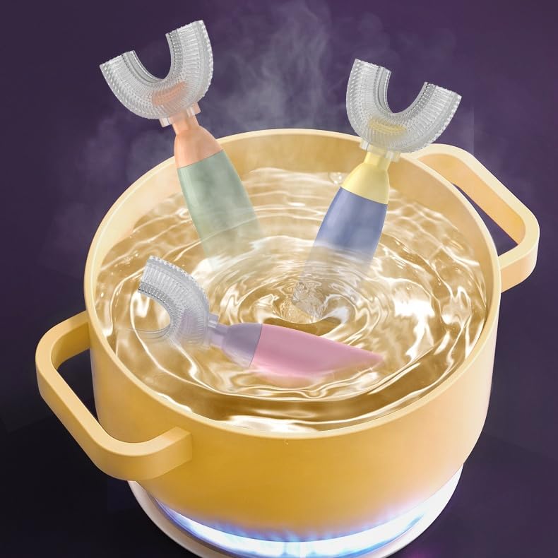UPKARANWALE فرشاة أسنان يدوية على شكل U للأطفال من أبكارانوال، مع رأس فرشاة سيليكون ناعم بدرجة غذائية 1 قطعة، تنظيف الفم والأسنان بزاوية 360° بمقبض كرتوني على شكل دلفين للأطفال من 1-12 سنة (متعدد الألوان) - Image 5