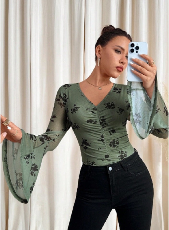 SHEIN Clasi Women's V-Neck Flare Sleeve Mesh Slim Fit Blouse, Ideal For Easter, Valentine's Day Outfits Festival - Image 1