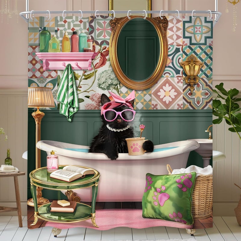 Riyidecor Funny Cat Shower Curtain 60Wx72H Inch Kids Pink Black Cat in Bathtub Kitten Cute Cartoon Animal Lovrely Vintage Fashion Pet Girl Bathroom Decor Fabric Polyester Waterproof 12 Pack Hooks - Image 1