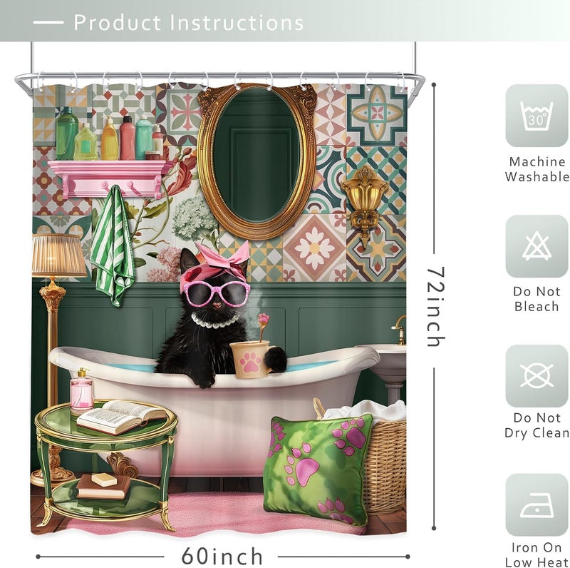 Riyidecor Funny Cat Shower Curtain 60Wx72H Inch Kids Pink Black Cat in Bathtub Kitten Cute Cartoon Animal Lovrely Vintage Fashion Pet Girl Bathroom Decor Fabric Polyester Waterproof 12 Pack Hooks - Image 5