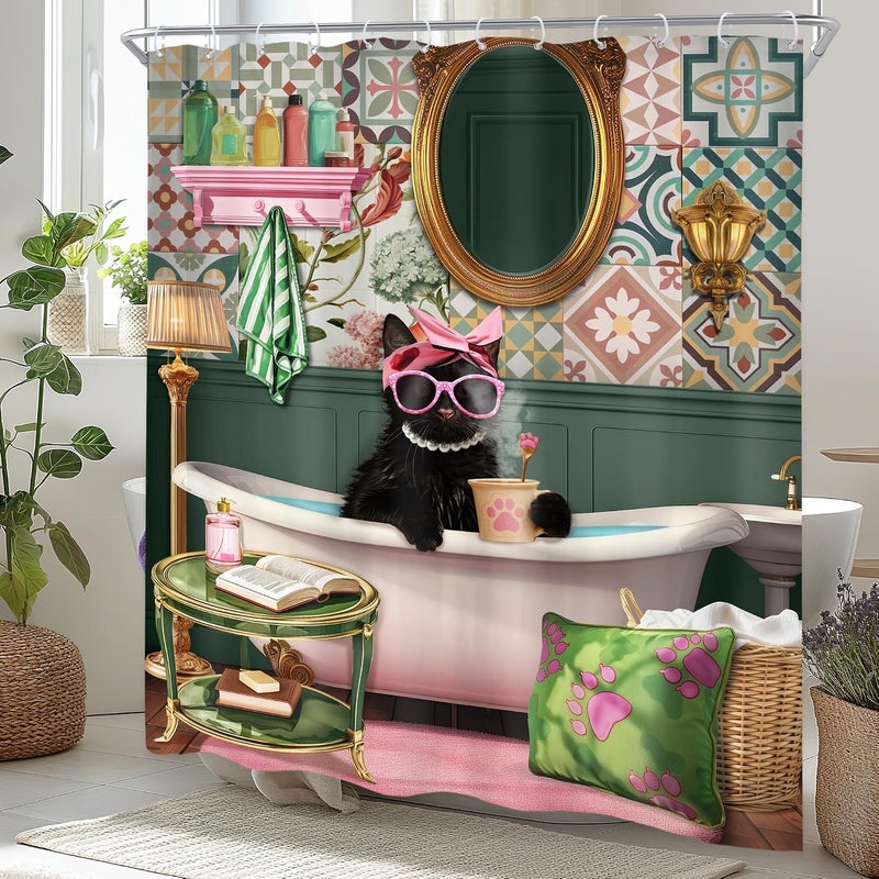 Riyidecor Funny Cat Shower Curtain 60Wx72H Inch Kids Pink Black Cat in Bathtub Kitten Cute Cartoon Animal Lovrely Vintage Fashion Pet Girl Bathroom Decor Fabric Polyester Waterproof 12 Pack Hooks - Image 3