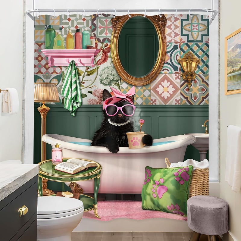 Riyidecor Funny Cat Shower Curtain 60Wx72H Inch Kids Pink Black Cat in Bathtub Kitten Cute Cartoon Animal Lovrely Vintage Fashion Pet Girl Bathroom Decor Fabric Polyester Waterproof 12 Pack Hooks - Image 4