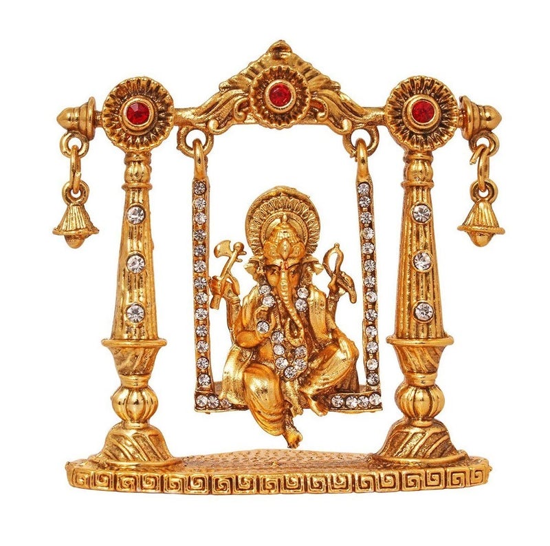 GCT Lord Ganesh Idol on Jhula Ganesha Statue Ganpati Vinayaka Murti (B-71) Gold Metal Statue for Home Décor Car Dashboard Mandir Pooja Murti Temple Puja Office Table Showpiece - Image 1