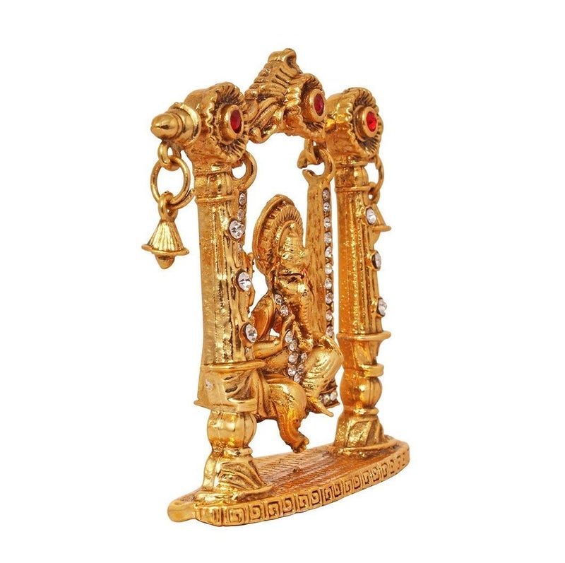 GCT Lord Ganesh Idol on Jhula Ganesha Statue Ganpati Vinayaka Murti (B-71) Gold Metal Statue for Home Décor Car Dashboard Mandir Pooja Murti Temple Puja Office Table Showpiece - Image 3