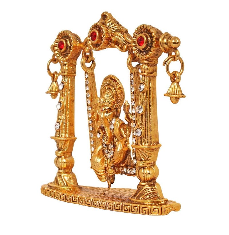 GCT Lord Ganesh Idol on Jhula Ganesha Statue Ganpati Vinayaka Murti (B-71) Gold Metal Statue for Home Décor Car Dashboard Mandir Pooja Murti Temple Puja Office Table Showpiece - Image 4