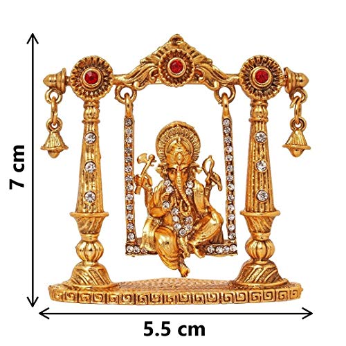 GCT Lord Ganesh Idol on Jhula Ganesha Statue Ganpati Vinayaka Murti (B-71) Gold Metal Statue for Home Décor Car Dashboard Mandir Pooja Murti Temple Puja Office Table Showpiece - Image 2