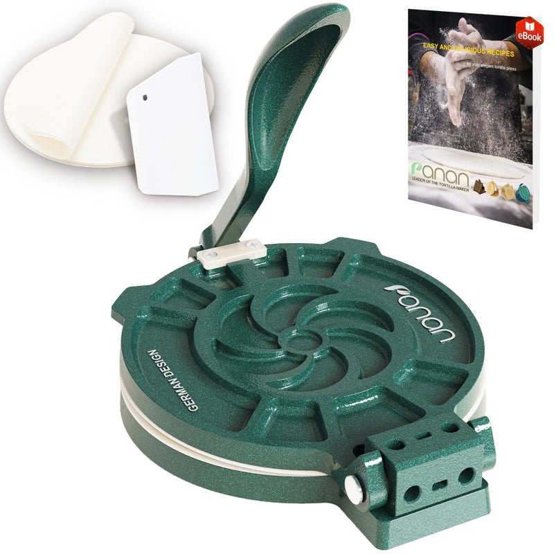 panan Tortilla Press with Adjustable Thickness Control 8 inch Mexican Tortillera Presser Made with Precision from Special Alu Alloy - Metal Pataconera with 50 Parchment Paper, Dough Cutter and Recipes eBook - Image 1