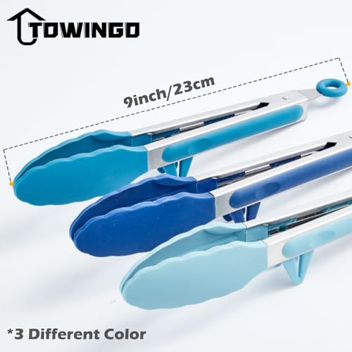 TOWINGO 9" Kitchen Tongs, 3Pcs Tongs for Cooking with Silicone Tips, Food Grade Small Silicone Tong, Mini Serving Tong for BBQ Salad(Gradient Blue) - Image 5