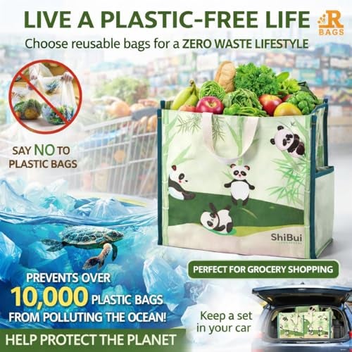 SHIBUI Big Heavy Duty Large Eco Waterproof Cotton Canvas Cloth Grocery Foldable Shopping Bag for Men Ladies Vegetable Milk Fruits with Hand Carry Handle Lunch Box Jhola Tote Bags (Panda Print, 1) - Image 3