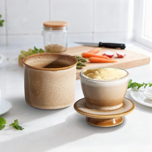 YDSluock Beige French Butter Dish,Handmade Reactive Glaze Ceramic Butter Crock with Water Line for Speradable Fresh Butter - Image 2