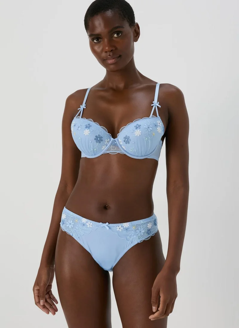 Matalan Blue Embroidered Floral Co Ord Brazilian Knickers