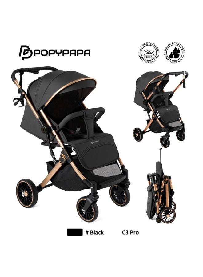 PopyPapa C3 Pro Premium Baby Stroller | Compact Foldable Travel Pushchair | UPF 50+ Canopy | Water Resistant Baby Pram | Lightweight Frame | Safety Harness | Smooth Wheel System | Storage Basket | Luxury Everyday Stroller For UAE Travel