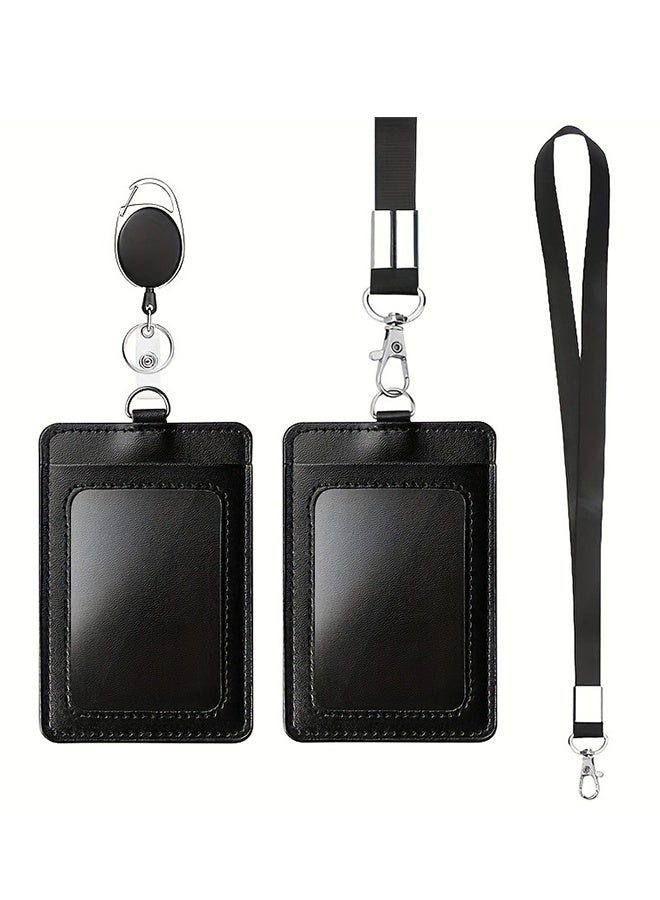 2 Piece ID Card Holder, with Lanyard and Retractable Badge Reel Clip, Unisex Leather ID Badge Holder Set for Work School and Metro Card - Image 1