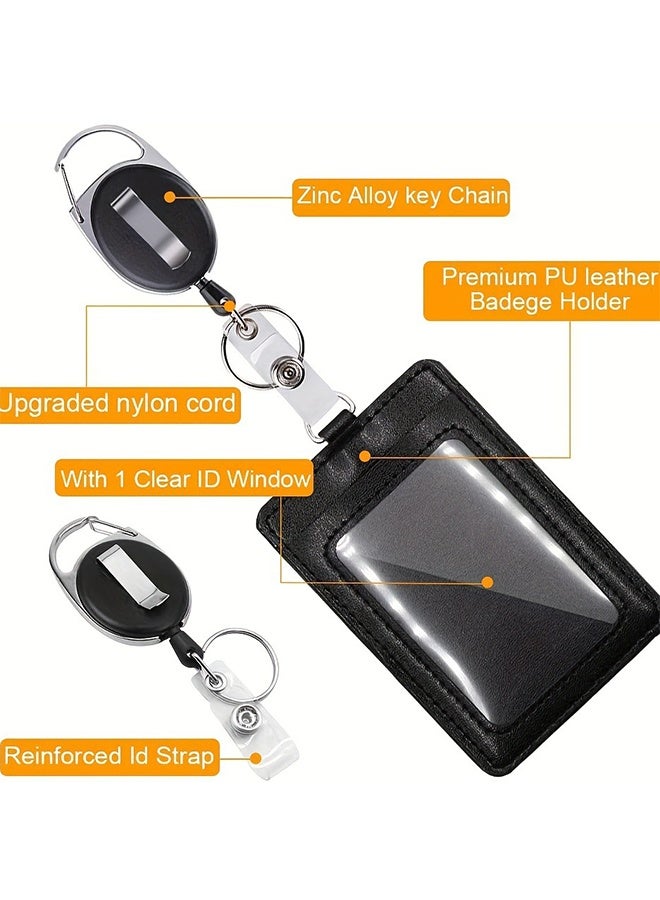 2 Piece ID Card Holder, with Lanyard and Retractable Badge Reel Clip, Unisex Leather ID Badge Holder Set for Work School and Metro Card - Image 3