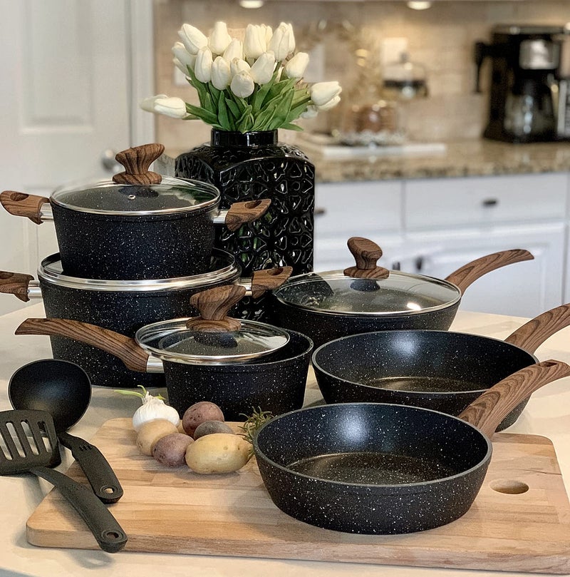 Kitchen Academy Induction Cookware Sets - 12 Piece Cooking Pan Set, Granite Black Nonstick Pots and Pans Set - Image 1