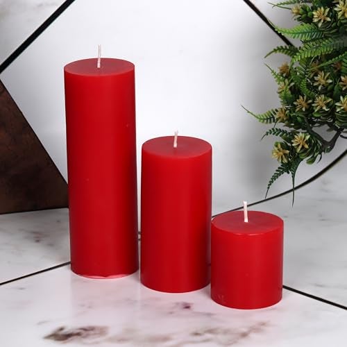 PROSPERRO LUMO By Parkash Candles Unscented Pillar Candles Set of 3 || 2x2, 2x4, 2x6 Inches || Paraffin Wax Candles || Home Decor (RED) - Image 2