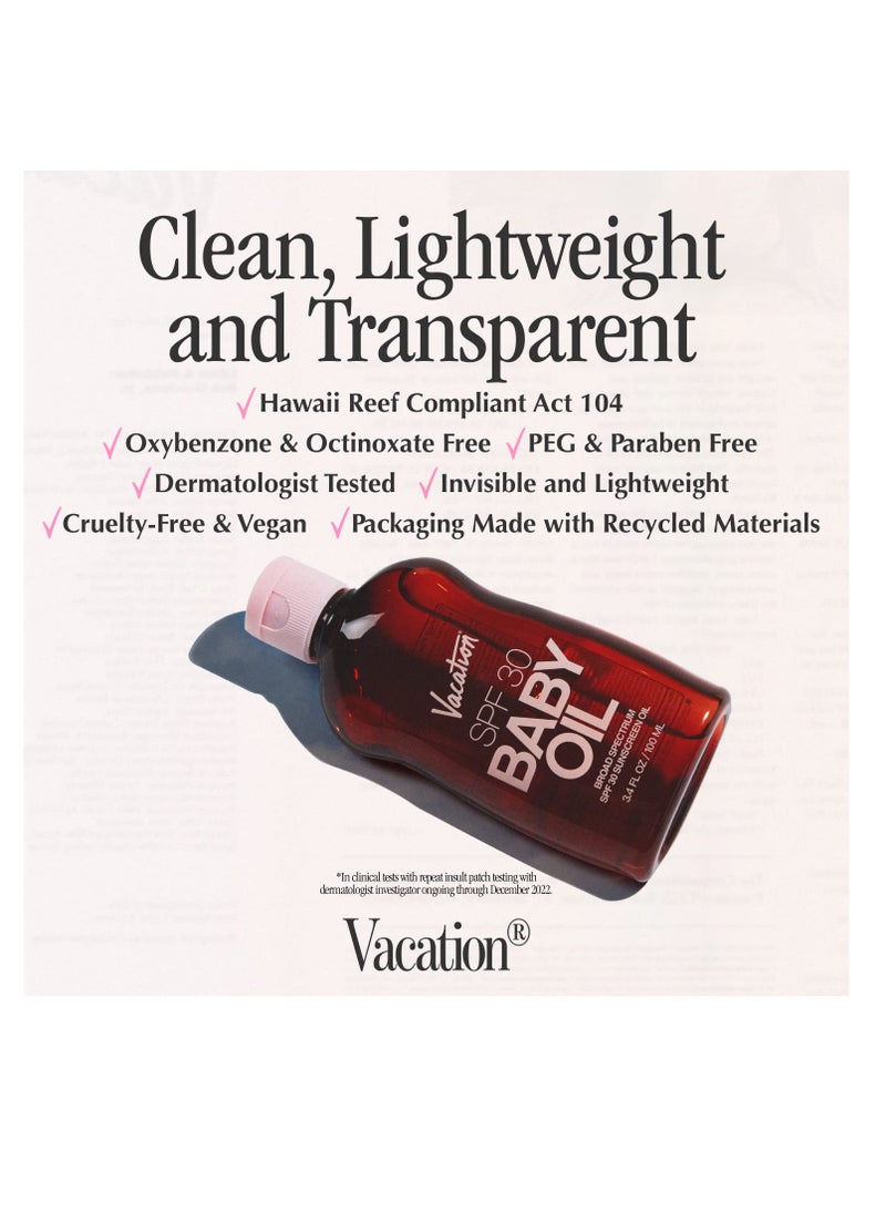 VACATION - Vacation Baby Oil SPF 30 + Air Freshener Bundle, Broad Spectrum SPF 30 Sunscreen Oil, Vegan Suntan Oil with Broad Spectrum SPF, Sunscreen Tanning Oil, TSA Friendly, Travel Size, 3.4 fl. oz. - Image 1