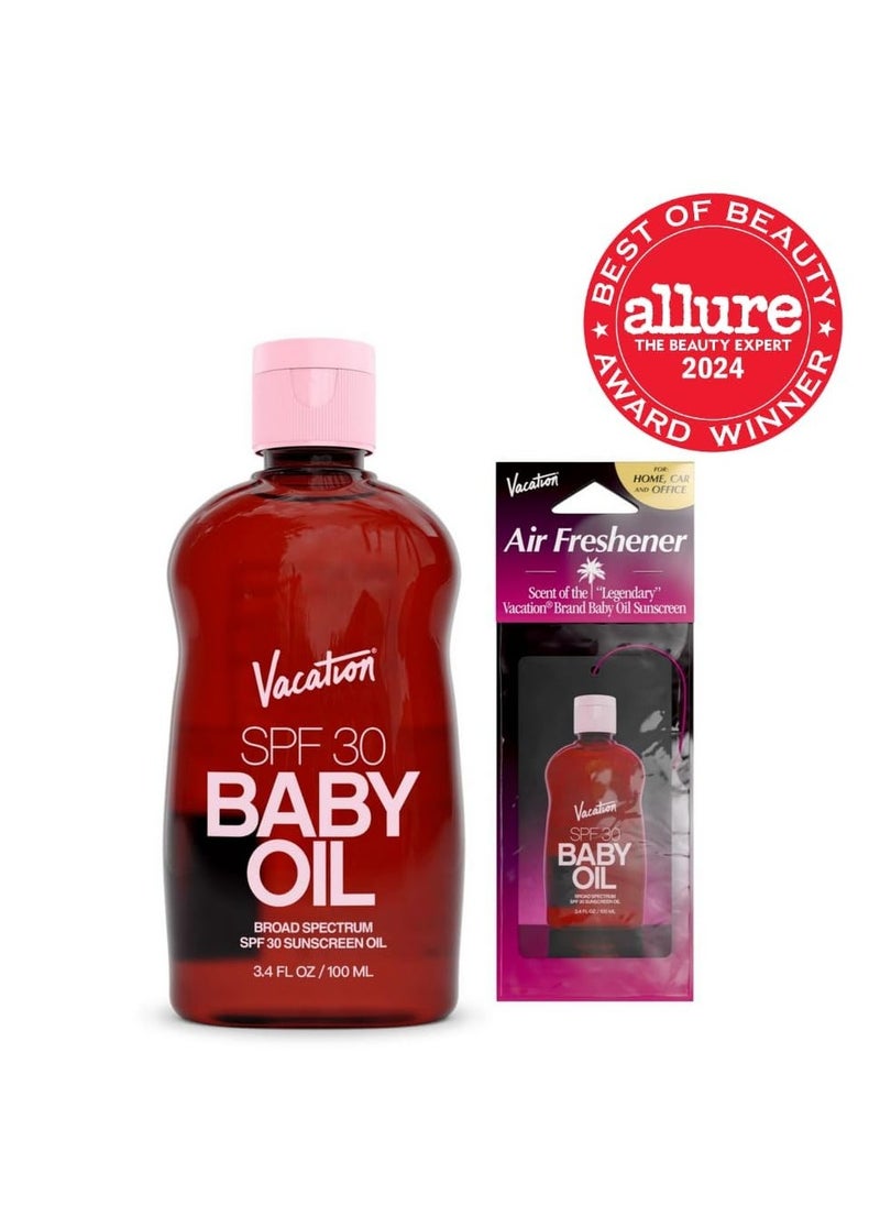 VACATION - Vacation Baby Oil SPF 30 + Air Freshener Bundle, Broad Spectrum SPF 30 Sunscreen Oil, Vegan Suntan Oil with Broad Spectrum SPF, Sunscreen Tanning Oil, TSA Friendly, Travel Size, 3.4 fl. oz. - Image 1