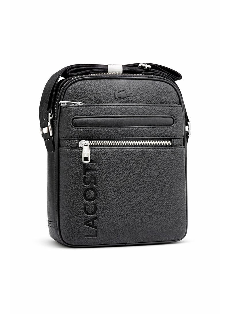 Lacoste Black Leather Crossbody Bag – Multi-Zip Compact Shoulder Bag with Logo Detail