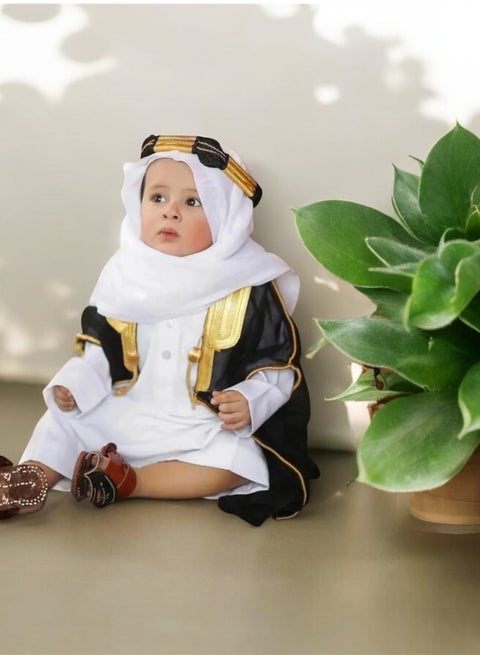 بشت مشلح ملكي فاخر (50سم) بشت مشلح ملكي فاخر باللون الأسود، تطريز ذهبي فاخر، مقاسات مختلفة للمواليد، الأطفال، الأولاد، الشباب، مناسب كهدية، هدايا للأطفال والأولاد، مشلح أسود، بشت أسود