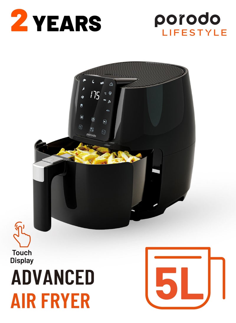 porodo - Advanced Air Fryer Convenient Healthier Choice 5L Dishwasher Safe Basket and Baking Tray Capacity 40 to 200 C Temperature Control Up To 60mins Selection Timer 1500W Performance Touch Display - Black - Image 1