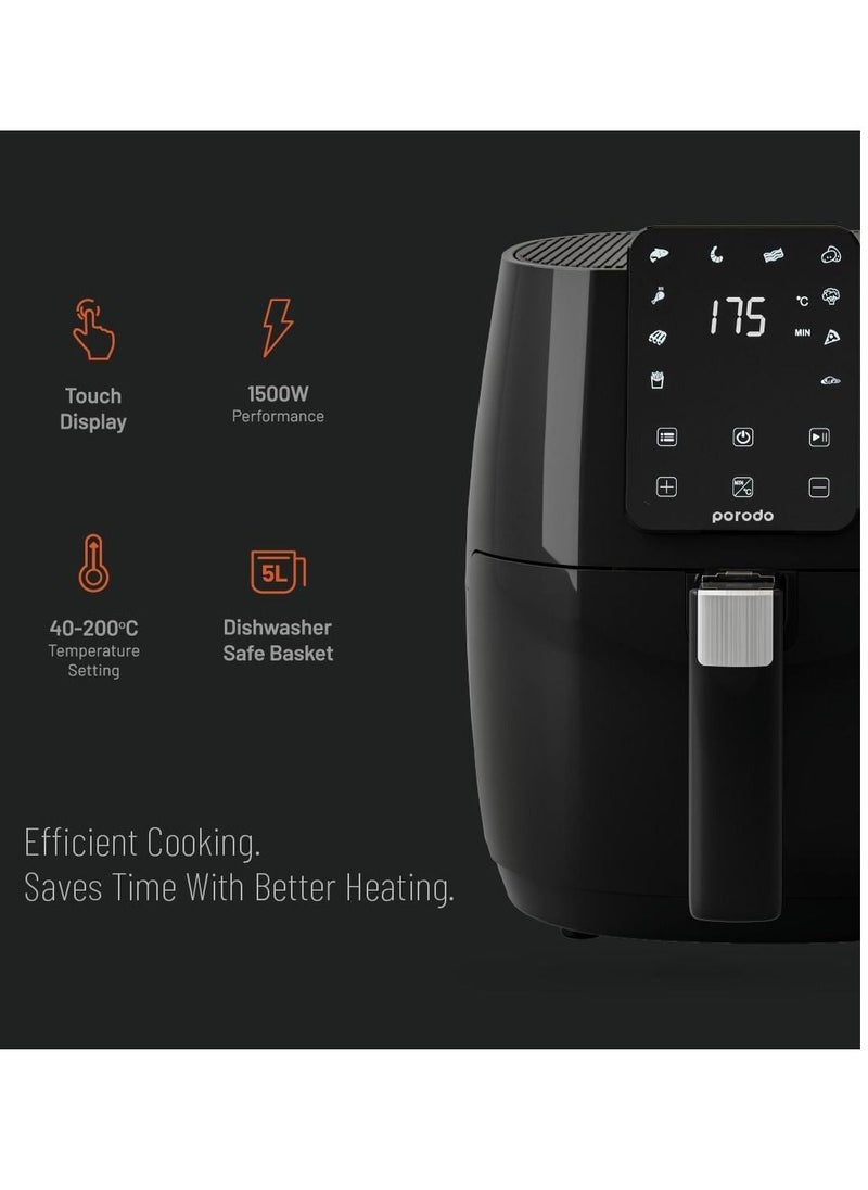 porodo - Advanced Air Fryer Convenient Healthier Choice 5L Dishwasher Safe Basket and Baking Tray Capacity 40 to 200 C Temperature Control Up To 60mins Selection Timer 1500W Performance Touch Display - Black - Image 1