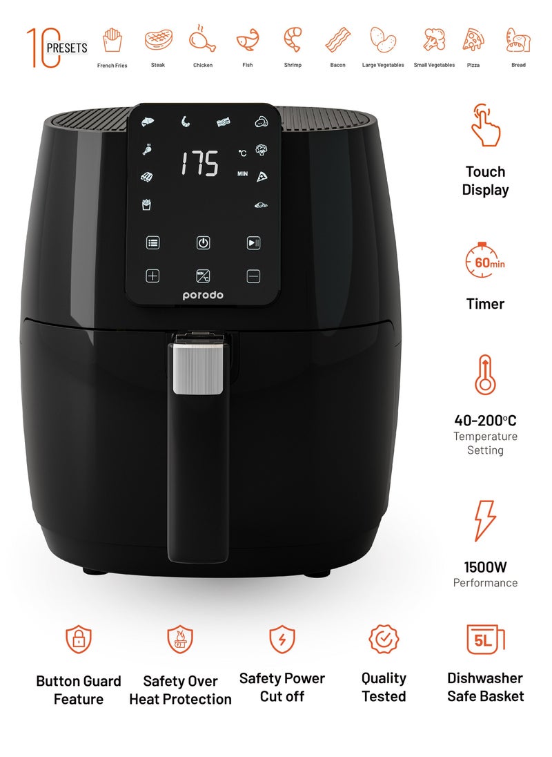 porodo - Advanced Air Fryer Convenient Healthier Choice 5L Dishwasher Safe Basket and Baking Tray Capacity 40 to 200 C Temperature Control Up To 60mins Selection Timer 1500W Performance Touch Display - Black - Image 1