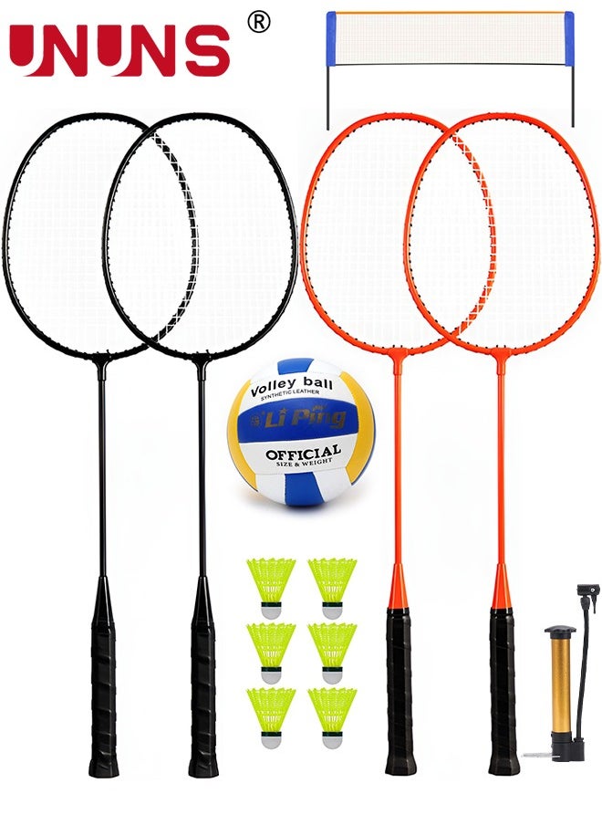 UNUNS Badminton Volleyball Combo Set With 4.1m Net,4 Badminton Rackets,6 Nylon Badminton Shuttlecocks,1 PU Volleyball Size 5,1 Pump,Portable Outdoor Game Kits For Backyard Beach Lawn  - Image 1