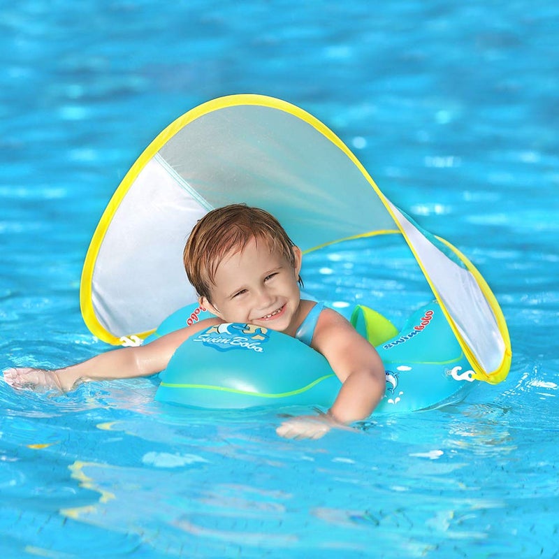 Swimbobo Baby Swimming Float Inflatable Infant Pool Float Ring with Sun Protection Removable Canopy for Kids Aged 336 Months Fun on The WaterBlueCanopyS