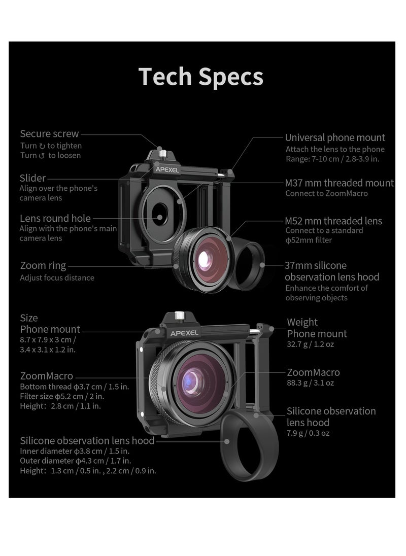 APEXEL - ZM100MM Machine lens Eye Observation Mode Zoom Macro Zoom In Epic For Macro Universal Clamp Micro Lenses For Samsung Iphone And All Smartphones - Image 1