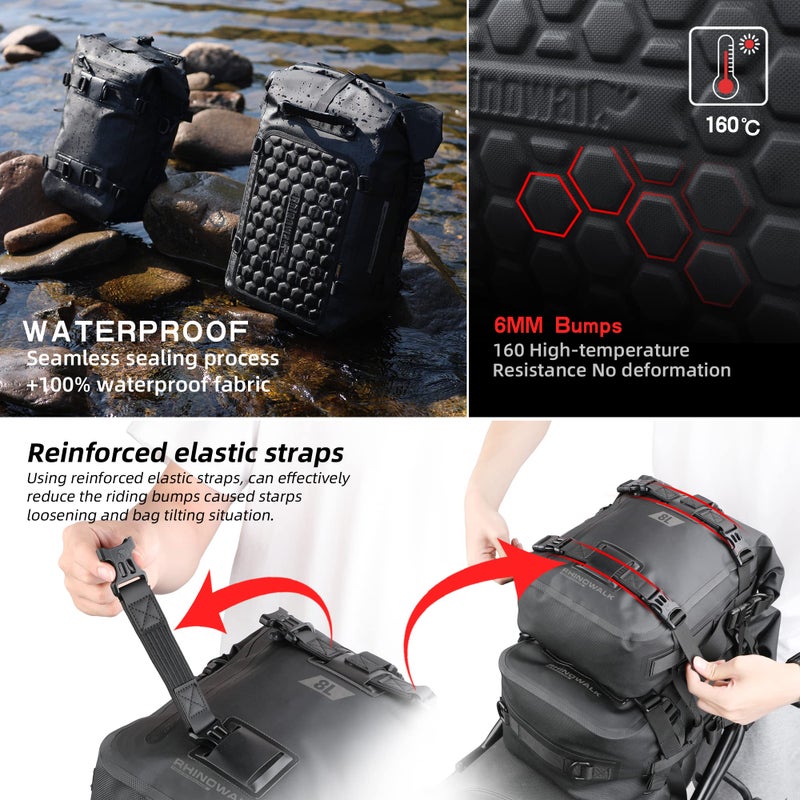 Rhinowalk Motorcycle Seat Bag 8/15/30L Waterproof Motorcycle Bag Saddle Bags Pannier Rack Bags Rear Bag Motorcycle Luggage Bag - Image 2