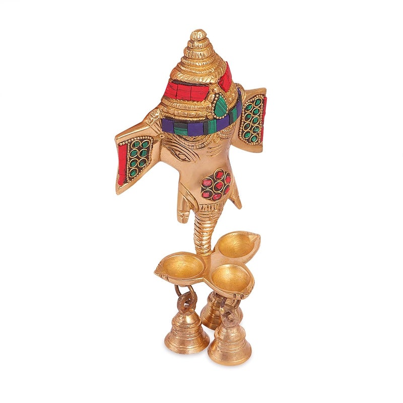 Kartique Kartique Brass Ganesha Face Wall Hanging Diya with Bells on Trunk in Multicolor Stone Work - Image 2