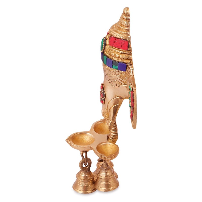 Kartique Kartique Brass Ganesha Face Wall Hanging Diya with Bells on Trunk in Multicolor Stone Work - Image 3