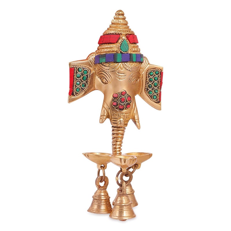 Kartique Kartique Brass Ganesha Face Wall Hanging Diya with Bells on Trunk in Multicolor Stone Work - Image 1