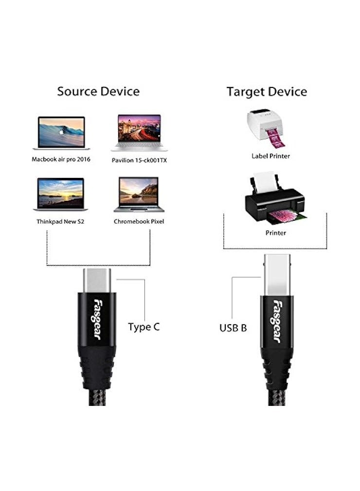 فاسجير كابل من النوع C إلى USB B، حزمة واحدة من سلك ماسح ضوئي للطابعة مضفر من النايلون بطول 6 أقدام مع موصل معدني متوافق مع HP LaserJet وCanon وSamsung وBrother وXerox والطابعات الأخرى - Image 3