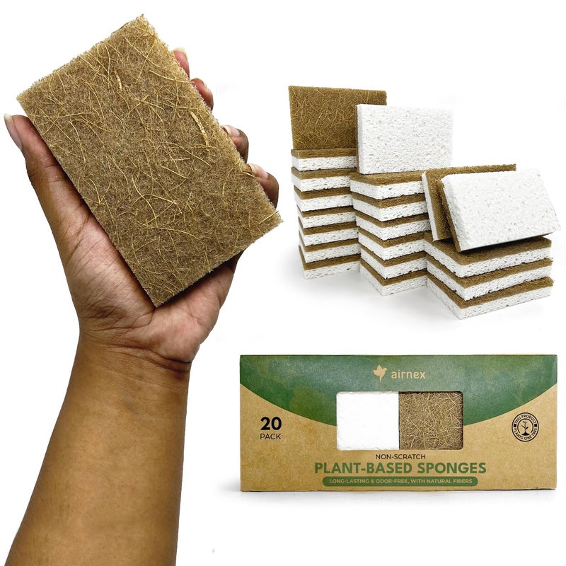 AIRNEX Natural Kitchen Sponges Pack of 20  Biodegradable Cellulose and Coconut Husk Walnut Scrubbers  Odor Free Non Scratch  Eco Friendly Quick Drying Dishwashing Sponges