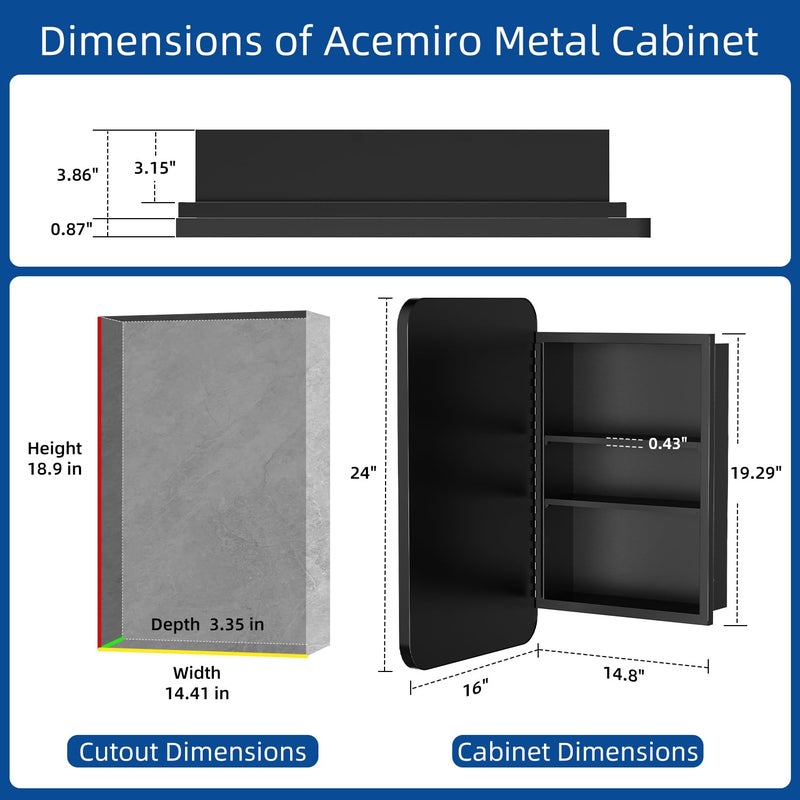 ACEMIRO 16x24 Inch Black Mirror Medicine Cabinet Metal Framed Recessed Wall Mounted Bathroom Medicine Cabinet with Mirror and Storage - Image 2