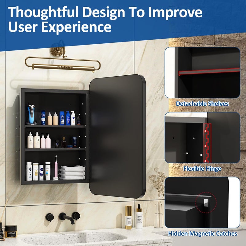 ACEMIRO 16x24 Inch Black Mirror Medicine Cabinet Metal Framed Recessed Wall Mounted Bathroom Medicine Cabinet with Mirror and Storage - Image 5