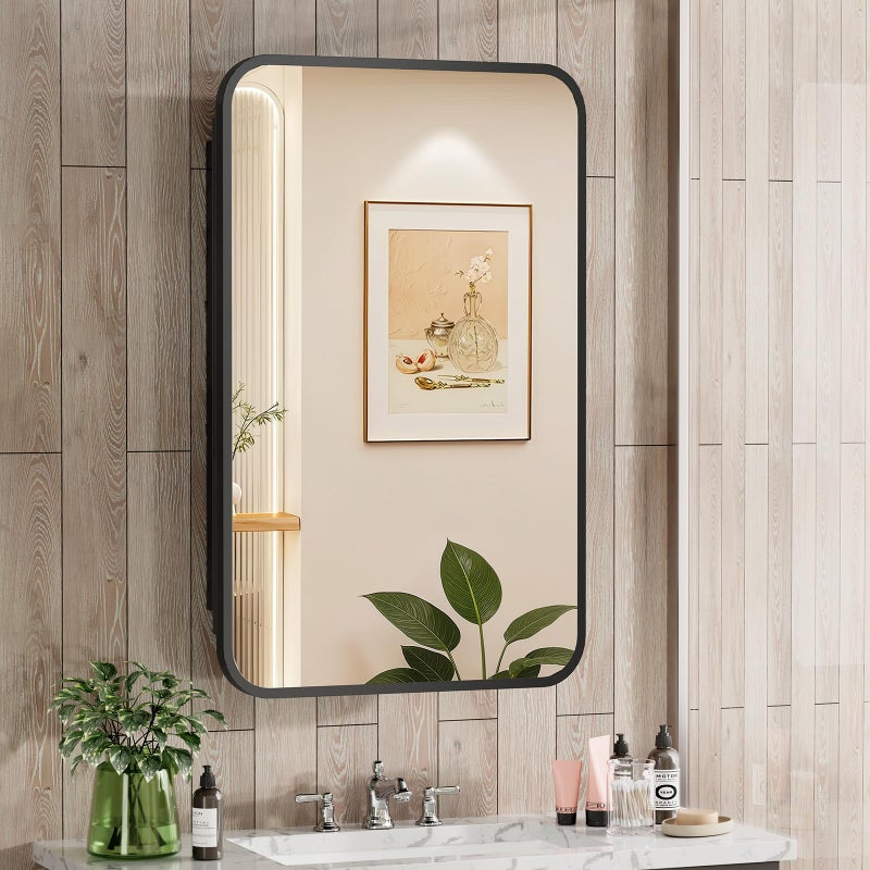 ACEMIRO 16x24 Inch Black Mirror Medicine Cabinet Metal Framed Recessed Wall Mounted Bathroom Medicine Cabinet with Mirror and Storage - Image 1