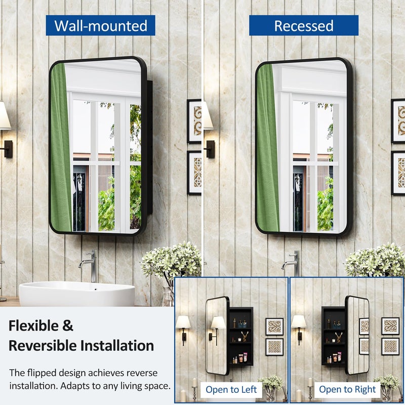 ACEMIRO 16x24 Inch Black Mirror Medicine Cabinet Metal Framed Recessed Wall Mounted Bathroom Medicine Cabinet with Mirror and Storage - Image 3