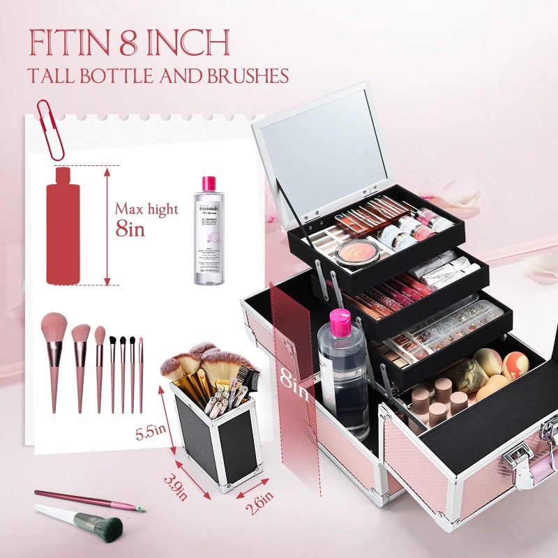 Joligrace صندوق مكياج جوليغرايس 11.8 بوصة منظم مجوهرات احترافي 3 طبقات مع مرآة وحامل فرشاة قابل للقفل مع مفتاح محمول للسفر لون وردي حورية البحر - Image 2