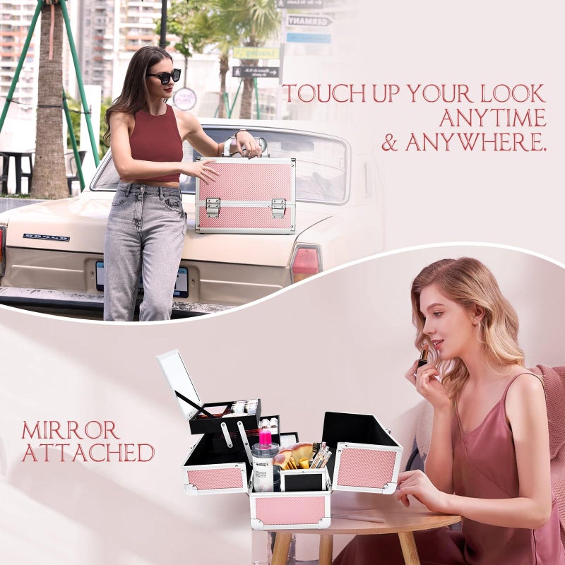 Joligrace صندوق مكياج جوليغرايس 11.8 بوصة منظم مجوهرات احترافي 3 طبقات مع مرآة وحامل فرشاة قابل للقفل مع مفتاح محمول للسفر لون وردي حورية البحر - Image 3