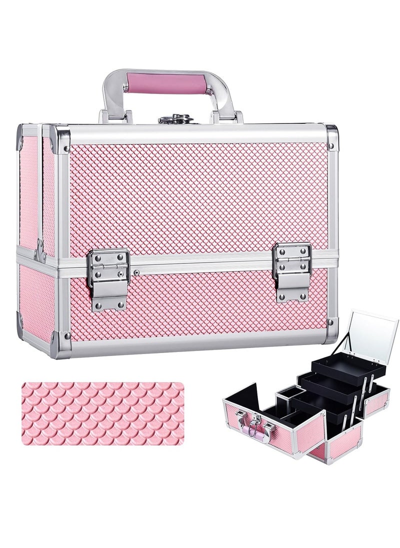 Joligrace - Makeup Train Case Cosmetic Box Jewelry Organizer Professional Three Tiers Trays with Mirror and Brush Holder Lockable Key Portable Travel Mermaid Pink - Image 1