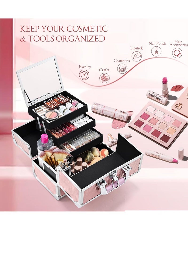 Joligrace - Makeup Train Case Cosmetic Box Jewelry Organizer Professional Three Tiers Trays with Mirror and Brush Holder Lockable Key Portable Travel Mermaid Pink - Image 1
